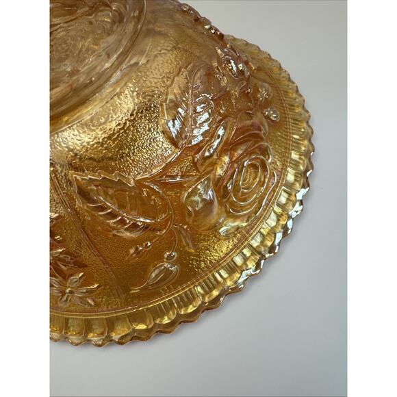 Marigold Carnival Glass Rose Pattern Iridescent Bowl Decorative‎ Vintage Dish 8” - Picture 4 of 9